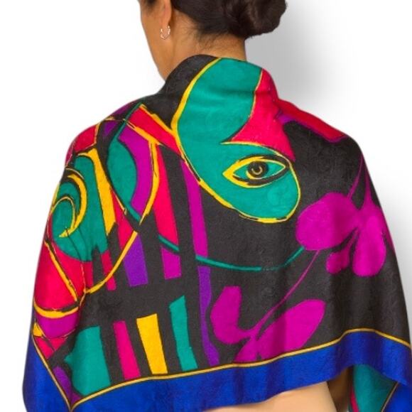 Vintage Accessories - Vintage 90s Abstract Printed Silk Scarf Bold Colorful Artsy Square Wrap Purple